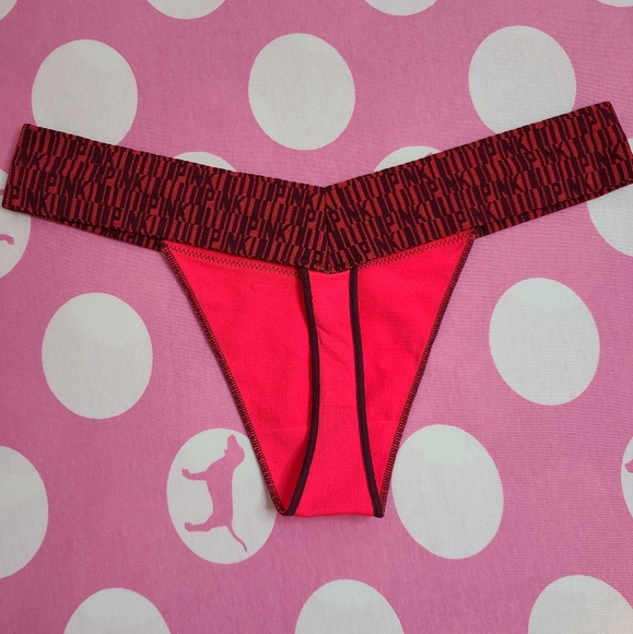 Y2K VS PINK Seamless Stretch Yoga Thong Panty Size M Red Logos - Picture 3 of 5